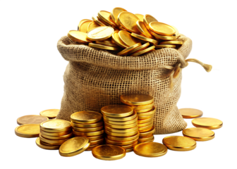 a bag of golden coins isolated on white background PNG , AI GENERATED
