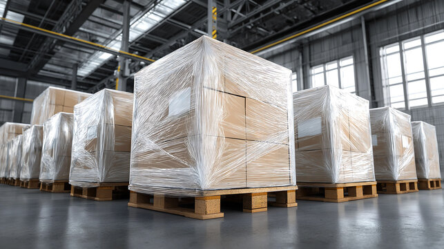 Pallets with large cardboard boxes wrapped in white transparent plastic, Inside warehouse ready for shipping