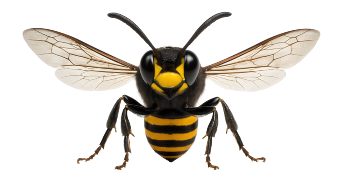 Beewolf wasp with yellow and black striped body, known for its symbiotic relationship with antibiotic-producing bacteria