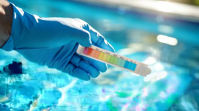Scientist hand wearing blue glove holding test sample with colorful strip over blurred laboratory background view