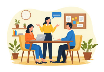 Fototapeta premium A flat illustration of Team members collaborating around a table, discussing project, planning strategies, and communicating ideas in a professional office setting