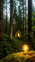 Luminous cabin in a misty forest