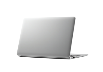 Silver laptop computer close up view back angle technology image modern design isolated on transparent background