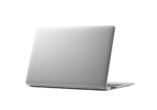 Silver laptop computer close up view back angle technology image modern design isolated on transparent background