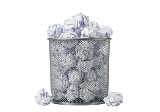 Crumpled paper in metal wire trash can