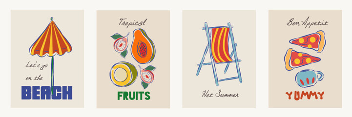 Hand drawn la dolce vita doodles. Wall art with pizza, chair, fruits icon. Minimalist line art. Set of mediterranean vector illustration for invitations, stationery, printables, social media, poster.