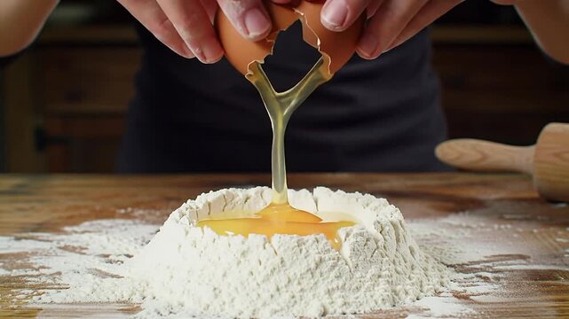 Hands cracking egg into flour on wooden table for pizza dough preparation in cozy kitchen for pizza promotion