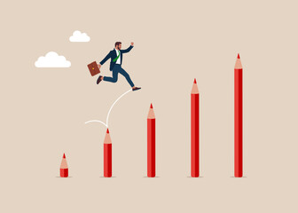 Inspiration. Mini businessman walk pencil stairs up. Flat vector illustration