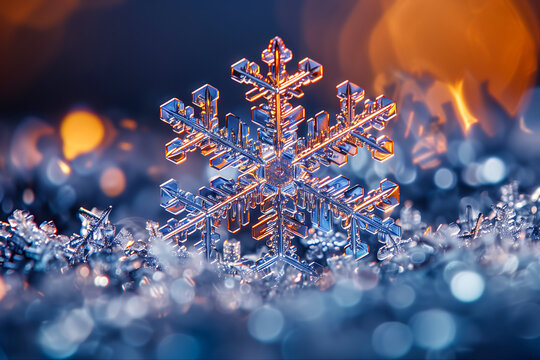 Intricate snowflake crystal macro captures winter wonder with warm orange glow and soft blue bokeh creating festive holiday scene.