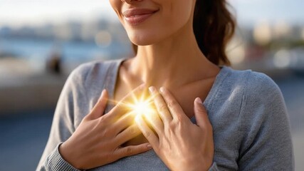 Radiant Heart: A woman in a calm moment. A depiction of radiating energy, light emanates from the heart, illuminating the surrounding areas.