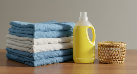 Fresh Laundry and Clean Essentials: A neat stack of folded towels alongside a bottle of detergent and a small woven basket on a wooden surface, presenting a scene of domestic cleanliness and comfort.