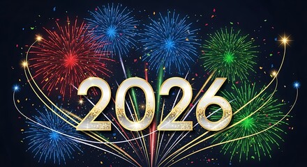 Sparkling 2026 New Year Celebration with Vibrant Fireworks Display Against a Dark Sky