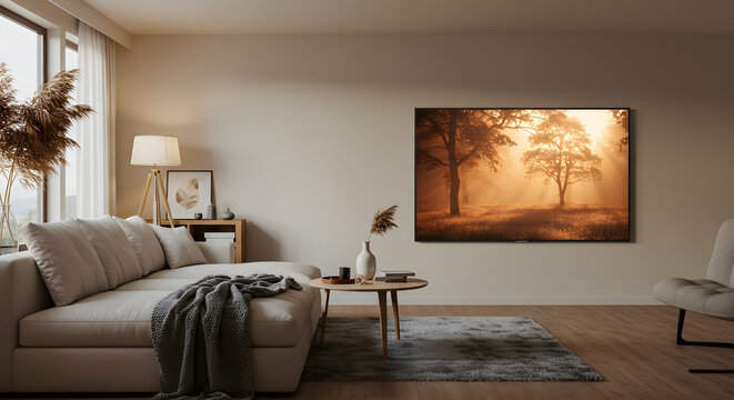 Interior Serenity: Capturing the artful elegance of a thoughtfully designed living room. The room has a warm, inviting ambiance with natural light and stylish furnishings.