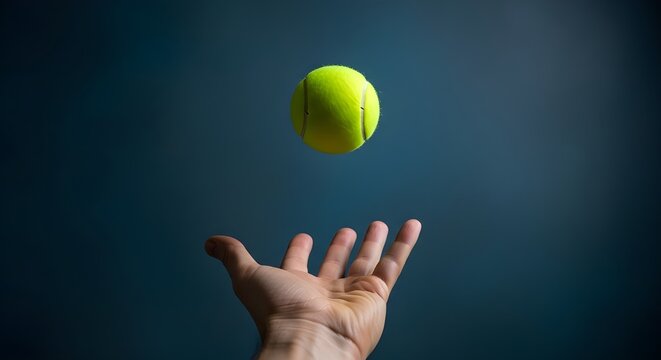 A hand tosses a bright yellow tennis ball into the air against a dark blue background