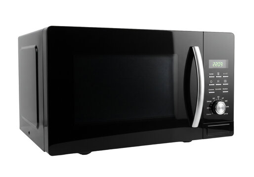 Black microwave oven modern kitchen appliance digital display silver handle isolated clean design