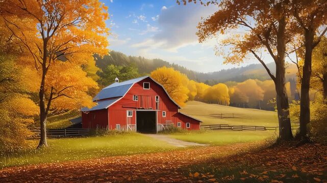 Picturesque autumn scene featuring a charming red barn nestled amidst vibrant fall foliage, capturing the essence of rural beauty and the serene tranquility of the countryside