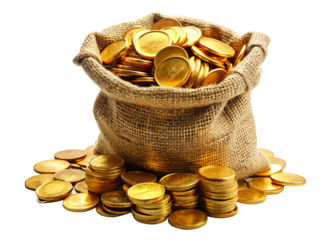 a bag of golden coins isolated on white background PNG , AI GENERATED
