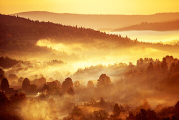 Morning mountain landscape, autumn seasonal background, amazing sunrise