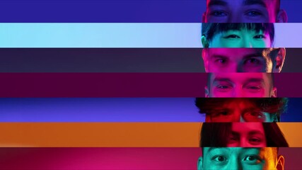 Stop motion of close-up male and female eyes isolated on colored neon background. Flyer with copy space for ad. Concept of equality, unification of all nations, ages and interests