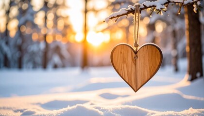 A Wooden Heart Ornament Hanging in a Winter Wonderland Scene at Sunset