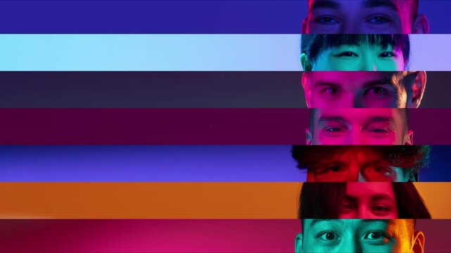 Stop motion of close-up male and female eyes isolated on colored neon background. Flyer with copy space for ad. Concept of equality, unification of all nations, ages and interests