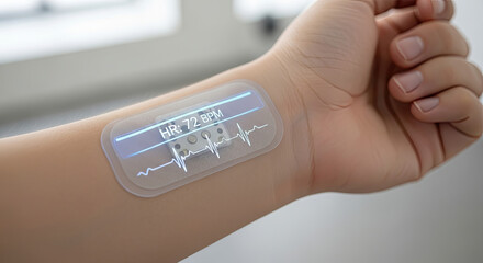 Close up of a person's wrist with a heart rate monitor patch displaying bpm and ekg data