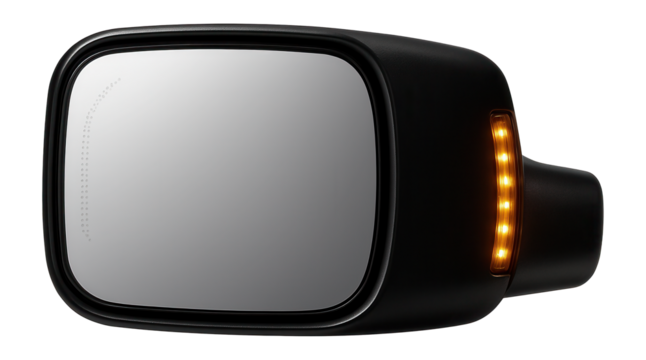 Rectangular heated side mirror with integrated turn signal and black plastic casing