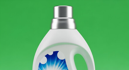 White plastic detergent bottle with silver cap on vibrant green background. Cleaning product, laundry, and household supplies concept.