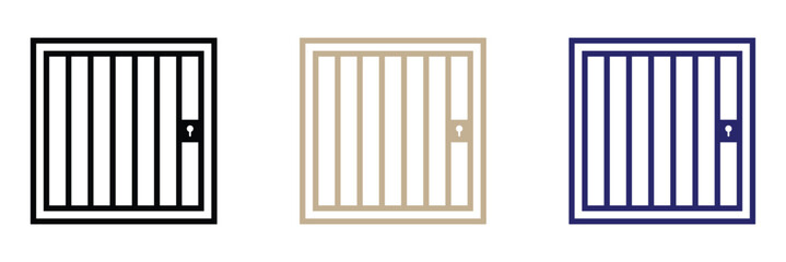 Jail cell bars vector symbol, prison bars gate icon, jail security icon in line style, clean vector jail cell icon with lock, representing imprisonment, punishment, and restricted freedom.