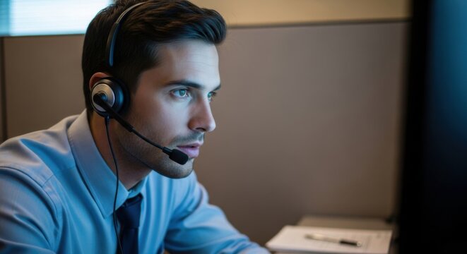 Professional Male Customer Service Representative Wearing Headset Working at Computer in Office