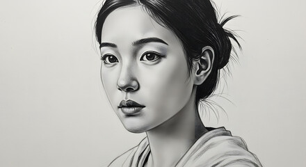 Fototapeta premium Serene Asian Woman Portrait: A graceful Asian woman gazes gently towards the viewer in this monochromatic portrait, her elegant features and soft expression capture a sense of quiet composure.
