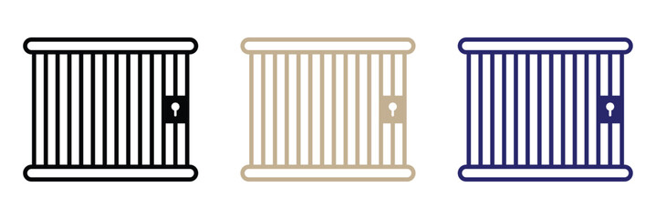 Jail cell bars vector symbol, prison bars gate icon, jail security icon in line style, clean vector jail cell icon with lock, representing imprisonment, punishment, and restricted freedom.