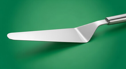 Sleek stainless steel cake server spatula on a vibrant green background, perfect kitchen utensil for elegant dessert serving.
