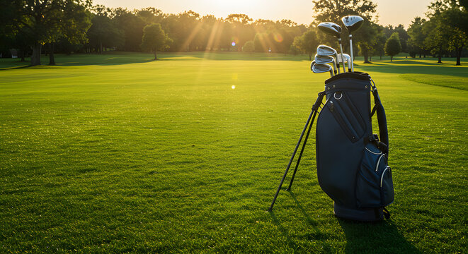 Golf Essentials: A close-up captures a golf bag filled with clubs standing on vibrant green grass of a pristine golf course, under the warm glow of the setting sun.