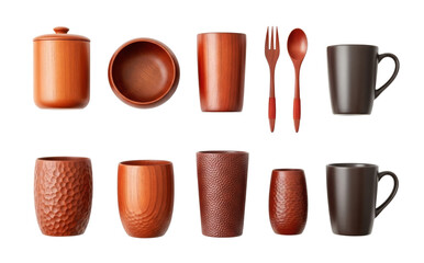 Assorted Wooden and Ceramic Kitchenware on Transparent Background. Mugs, Bowls, Cutlery, Utensils Collection, PNG