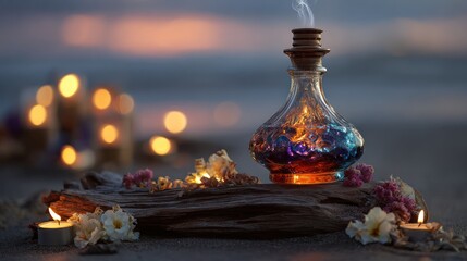 Magical potion bottle on driftwood at sunset
