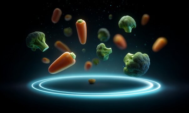 Floating broccoli and carrots above a glowing circle in a dark space.