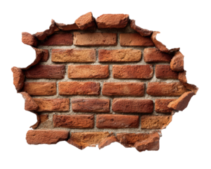 Vintage cracked brick wall with aged construction element, exposed red bricks, rough texture, and weathered appearance, evoking rustic and urban atmosphere