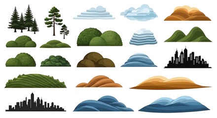 Obraz premium Varied landscape elements: Trees, bushes, hills, clouds, and cityscapes on a white background