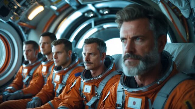 Group of astronauts in orange space suits seated inside spacecraft cabin with focused expressions preparing for mission in outer space travel