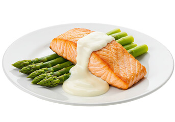 Cooked salmon fillet with asparagus and creamy sauce