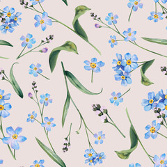 Forget-me-not wildflowers seamless pattern on a beige background. Hand-drawn botanical watercolor illustration. A light, fresh pattern for decor and textiles. A clipart for printing on fabric
