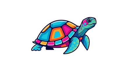 Vibrant Cartoon Turtle with Geometric Shell Pattern on White Background