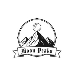 Naklejka premium A striking monochrome logo featuring majestic mountains under a full moon.