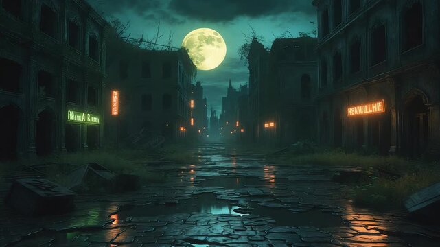 Abandoned eerie street with ruined buildings, glowing neon signs, wet pavement, full moon and mysterious dark atmosphere in haunted scenery