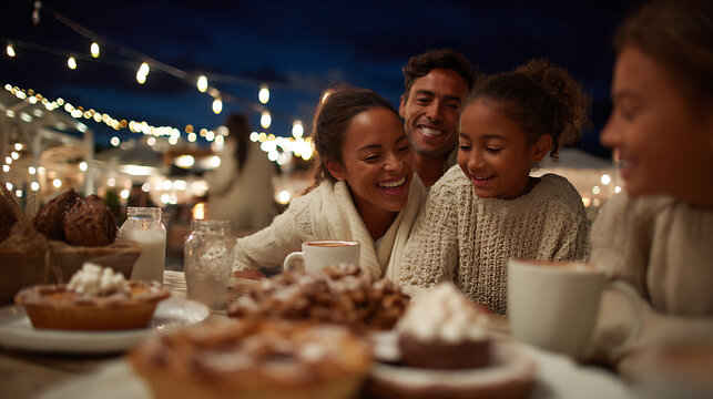 Young family with children laughing during Thanksgiving dessert time, with pies and hot cocoa on the table and twinkling string lights in the background, a joyous occasion.