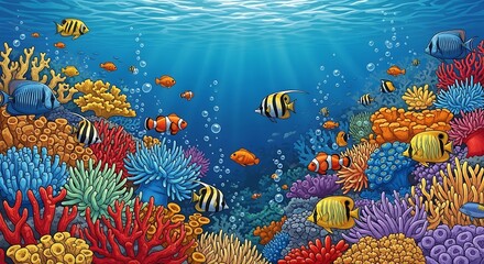 Vibrant Coral Reef Ecosystem with Diverse Fish Species and Sunlit Waters