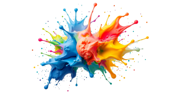 A rainbow-colored splash explosion PNG isolated on a white background. Bright and vibrant paint-like effect.