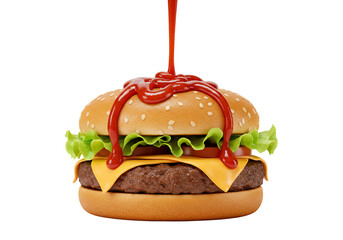 Juicy cheeseburger with ketchup pouring close up food photography