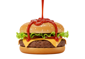 Juicy cheeseburger with ketchup pouring close up food photography